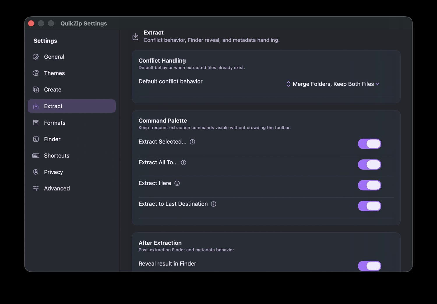 QuikZip extraction settings with conflict and destination controls