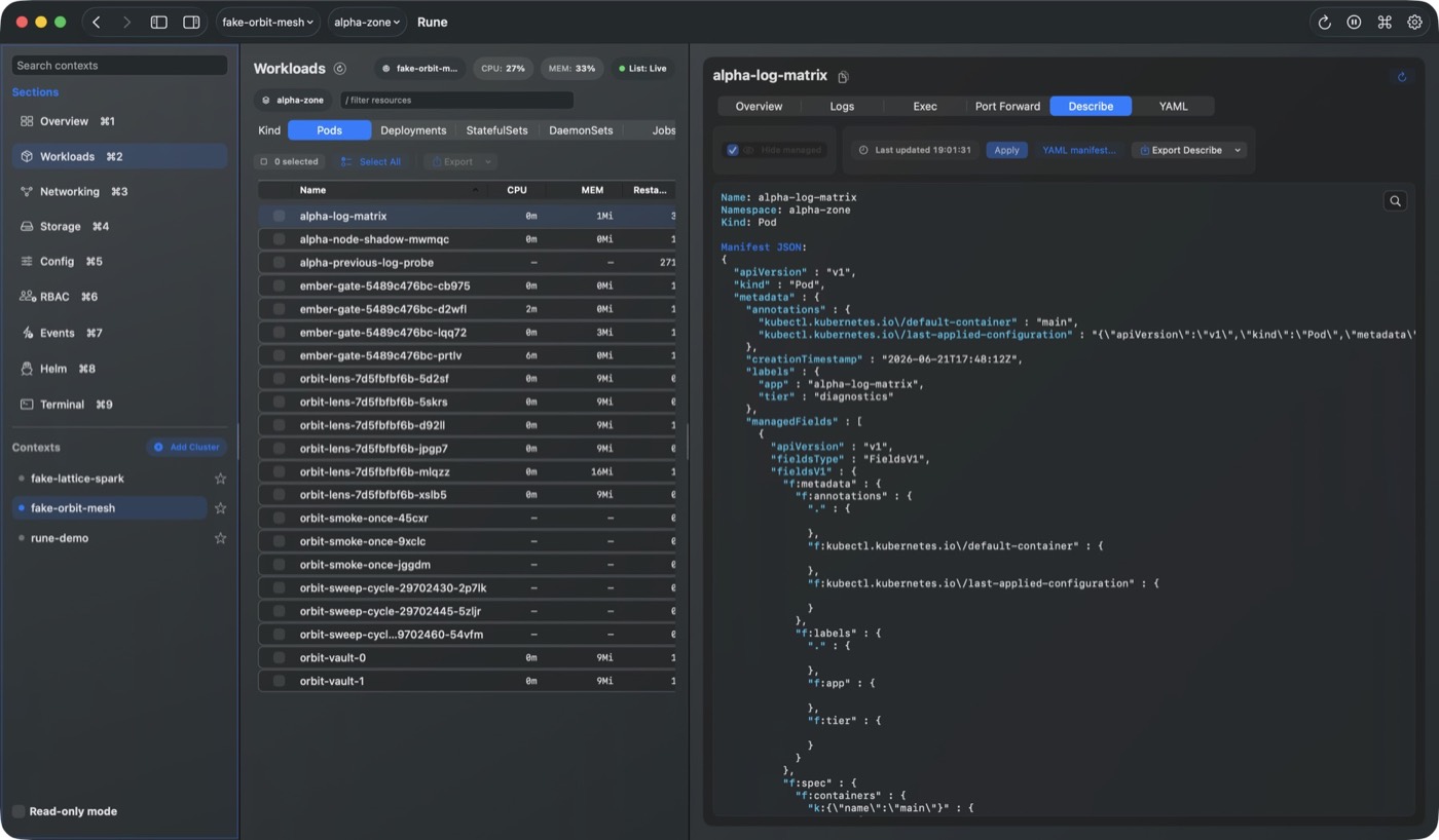 Rune pod describe view showing Kubernetes manifest details and export controls.