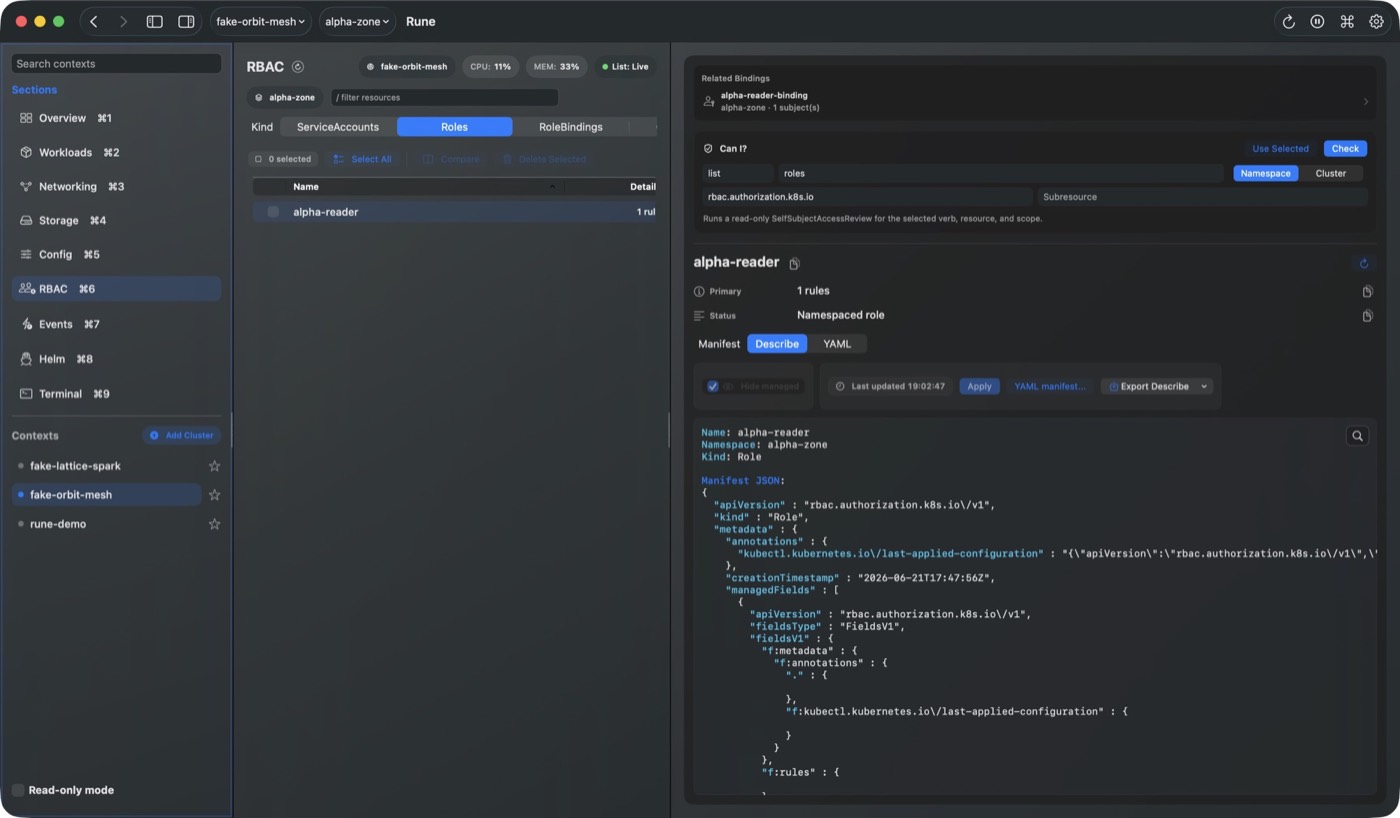 Rune RBAC view showing a Role, related binding, and a Can I permission check.